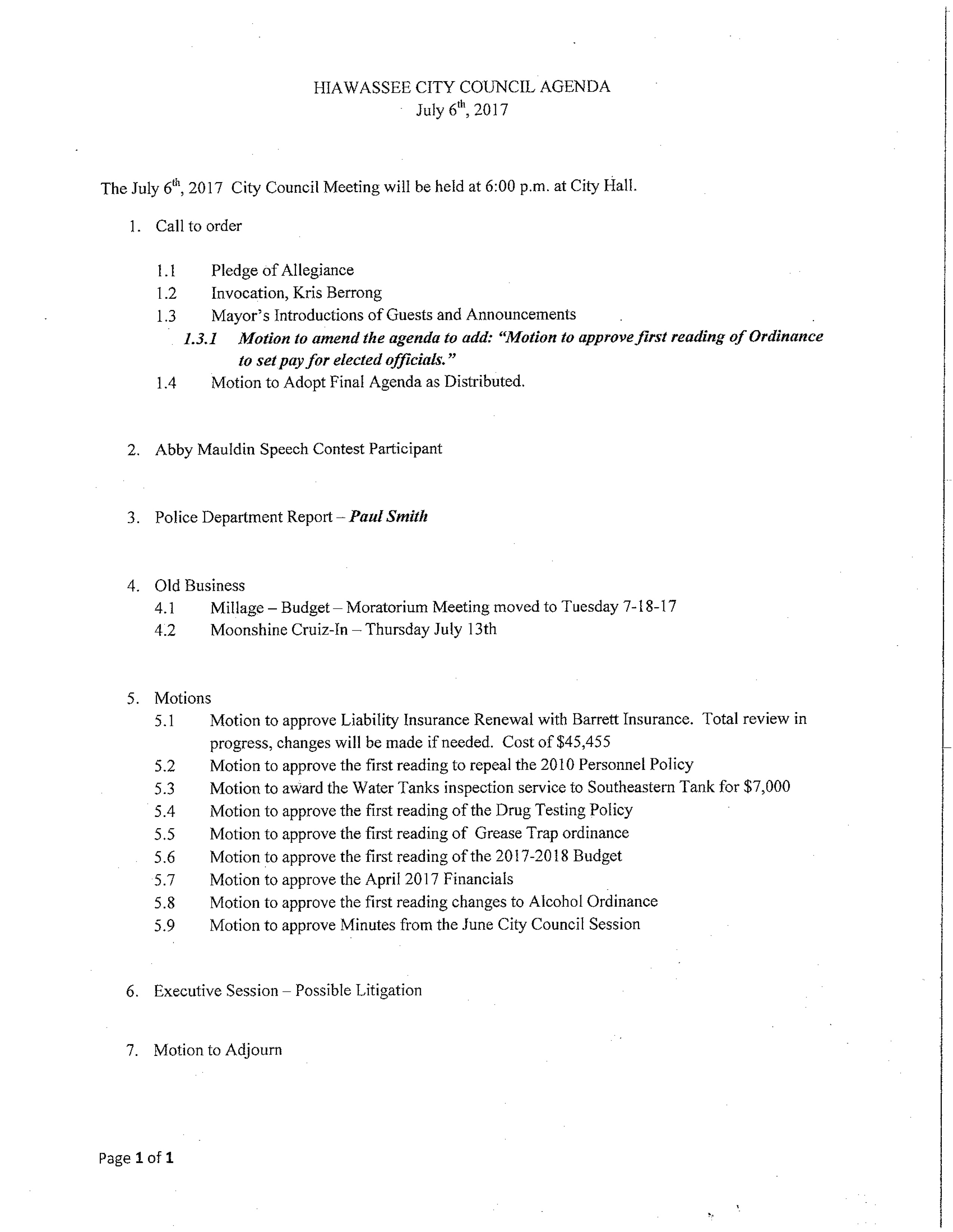 July 6 2017 agenda