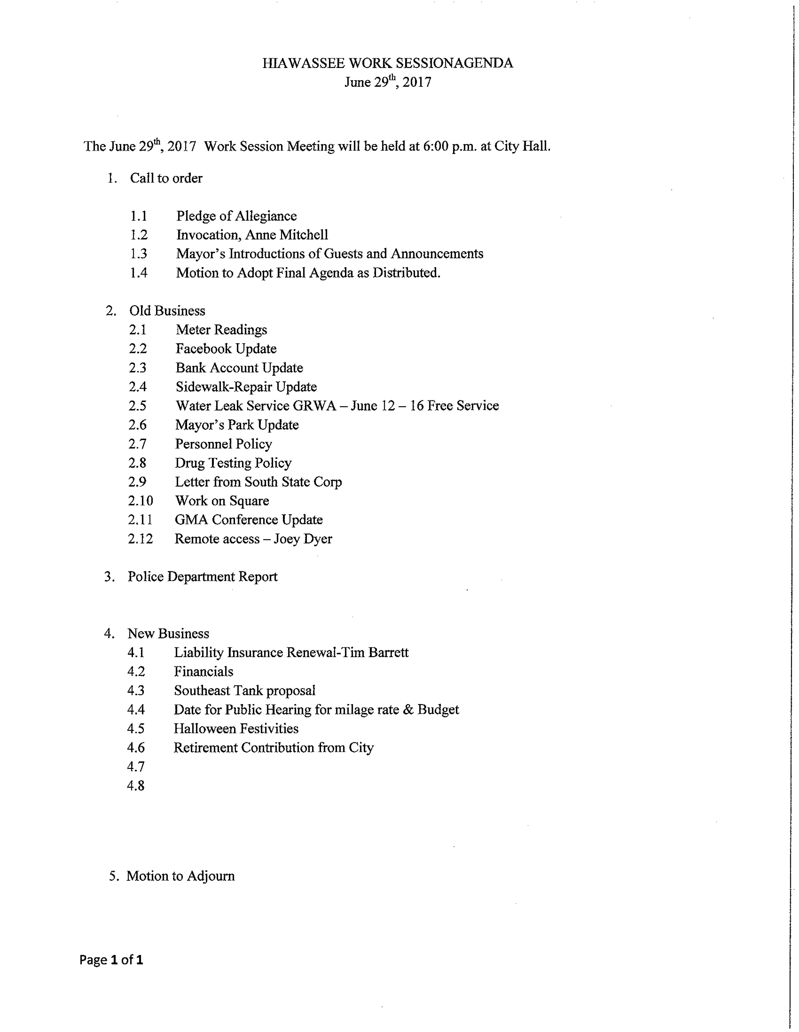 June 29 work session agenda and minutes