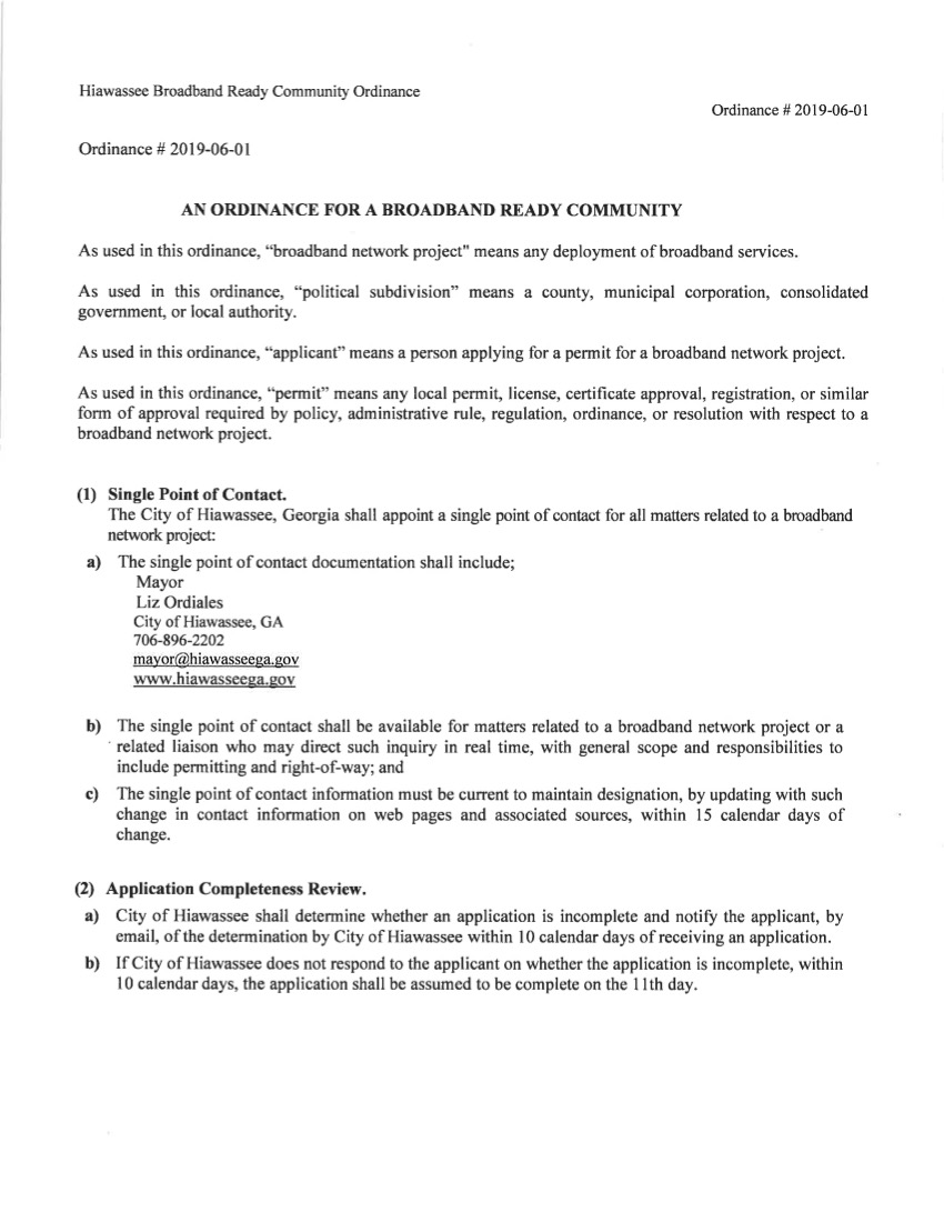 2019 06 01 Hiawassee Broadband Ready Community Ordinance p1